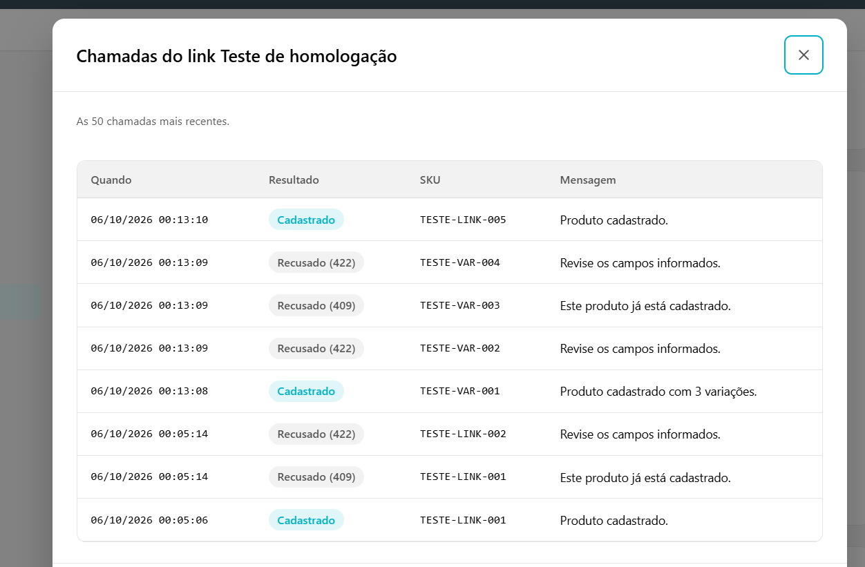 Janela Chamadas do link, com as colunas Quando, Resultado, SKU e Mensagem