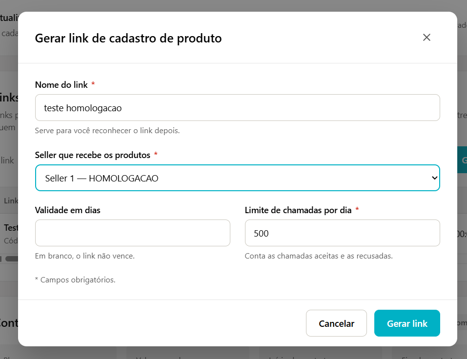 Janela Gerar link de cadastro de produto, com os campos Nome do link, Seller que recebe os produtos, Validade em dias e Limite de chamadas por dia