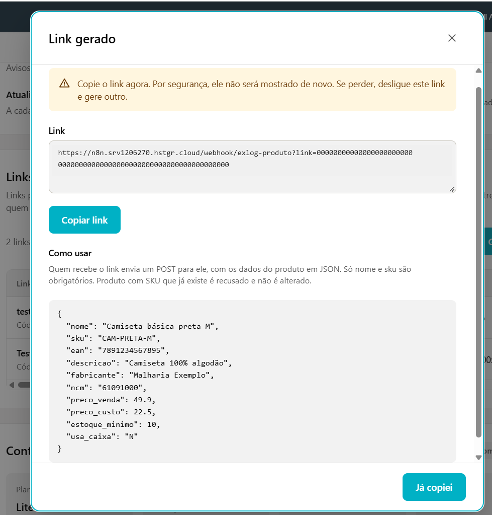 Janela Link gerado, com o aviso de que o link não será mostrado de novo, o link, o botão Copiar link e um exemplo de JSON