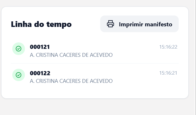 Painel Linha do tempo com pedidos confirmados, cada um com número, rastreio, cliente e hora, e o botão Imprimir manifesto no alto