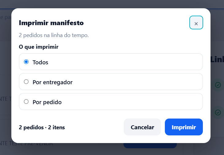 Janela Imprimir manifesto com as opções Todos, Por entregador e Por pedido, o resumo de pedidos e itens e os botões Cancelar e Imprimir