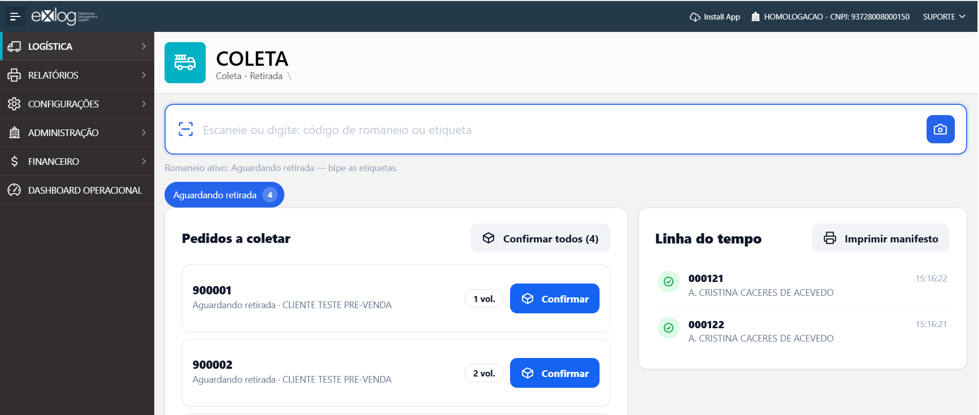 Tela COLETA com o campo de leitura, o grupo Aguardando retirada com 4 pedidos, a lista Pedidos a coletar com os botões Confirmar e Confirmar todos, e a Linha do tempo com dois pedidos coletados e o botão Imprimir manifesto