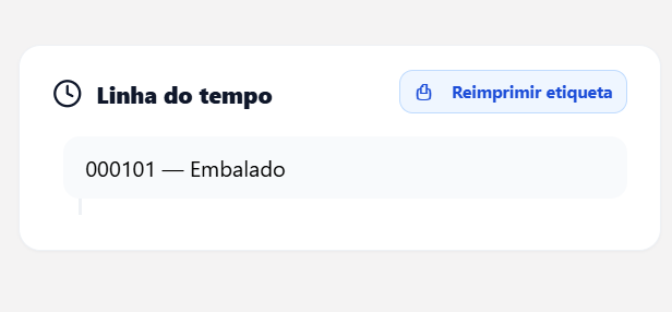 Painel Linha do tempo com a entrada 000101 — Embalado e botão Reimprimir etiqueta