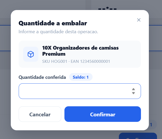 Modal Quantidade a embalar com produto 10X Organizadores de camisas Premium, campo Quantidade conferida com Saldo 1 e botões Cancelar e Confirmar