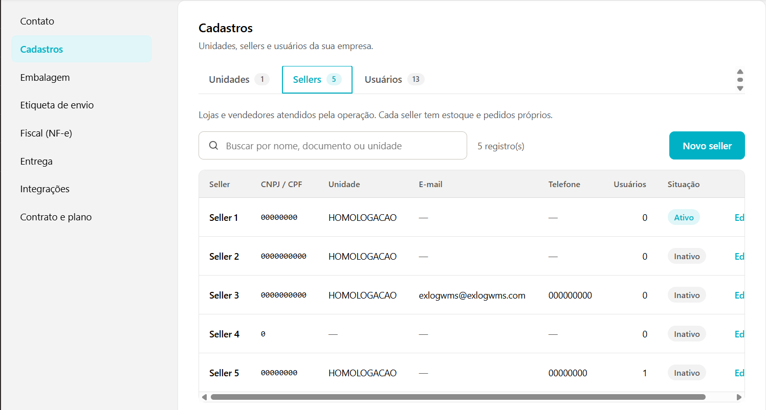 Aba Sellers da seção Cadastros com o campo de busca, o botão Novo seller e a lista de sellers com CNPJ / CPF, unidade, e-mail, telefone, usuários e situação