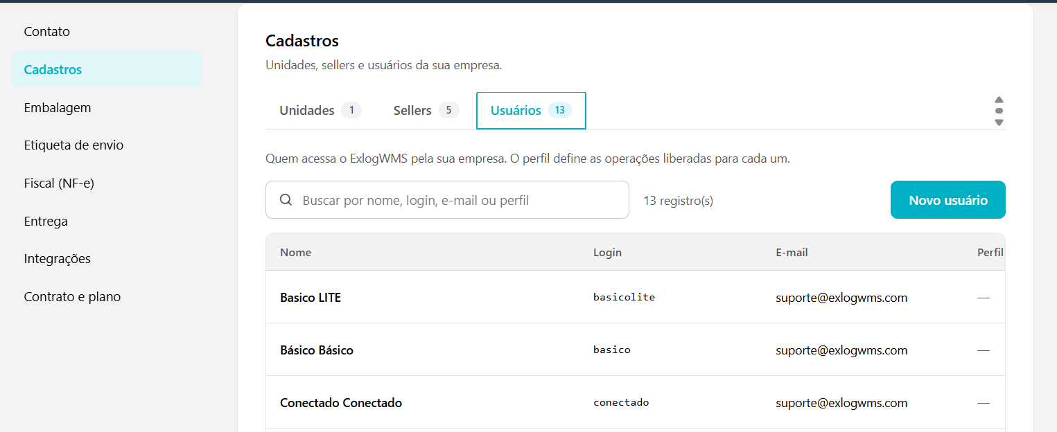 Aba Usuários da seção Cadastros com o campo de busca, o botão Novo usuário e a lista de usuários com nome, login, e-mail e perfil