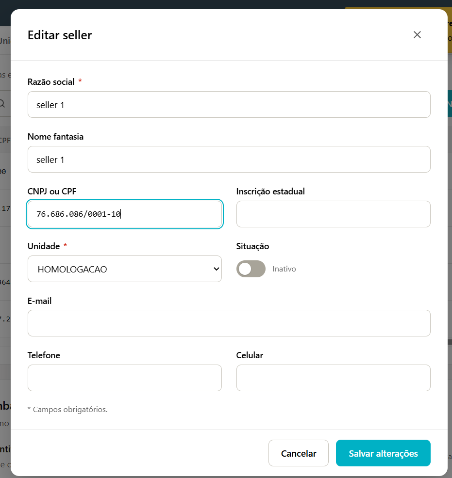 Janela Editar seller com os campos Razão social, Nome fantasia, CNPJ ou CPF, Inscrição estadual, Unidade, a chave Situação, E-mail, Telefone e Celular, e os botões Cancelar e Salvar alterações