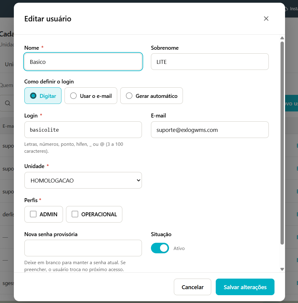 Janela Editar usuário com os campos Nome, Sobrenome, Como definir o login, Login, E-mail, Unidade, Perfis, Nova senha provisória e Situação, e os botões Cancelar e Salvar alterações