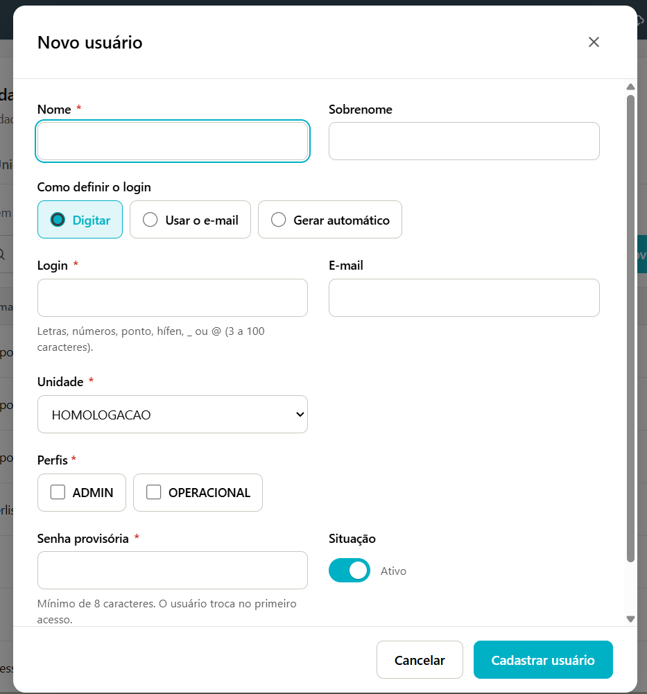 Janela Novo usuário com os campos Nome, Sobrenome, Como definir o login (Digitar, Usar o e-mail, Gerar automático), Login, E-mail, Unidade, Perfis, Senha provisória e Situação
