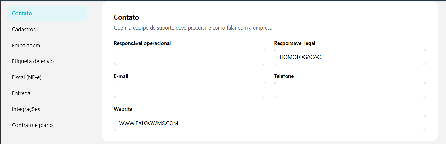 Seção Contato com os campos Responsável operacional, Responsável legal, E-mail, Telefone e Website