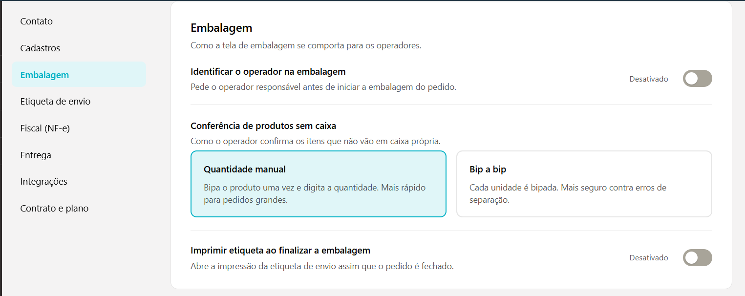 Seção Embalagem com a chave Identificar o operador na embalagem, as opções Quantidade manual e Bip a bip e a chave Imprimir etiqueta ao finalizar a embalagem