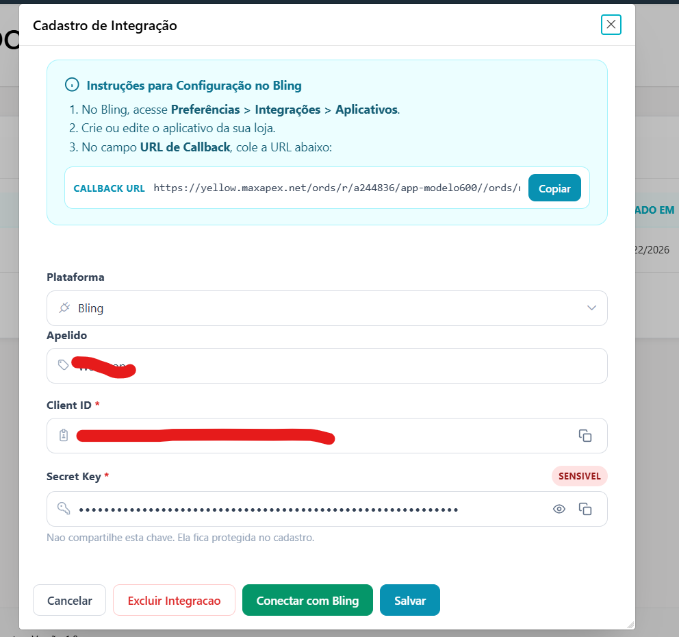 Janela Cadastro de Integração aberta pelo lápis, com os botões Cancelar, Excluir Integração, Conectar com Bling e Salvar