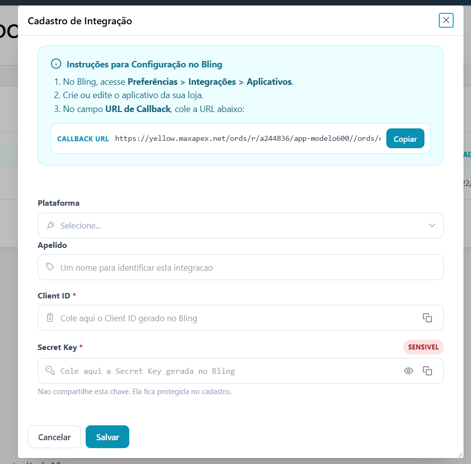 Janela Cadastro de Integração em uma integração nova, com o quadro de instruções e o Callback URL, os campos Plataforma, Apelido, Client ID e Secret Key vazios e os botões Cancelar e Salvar