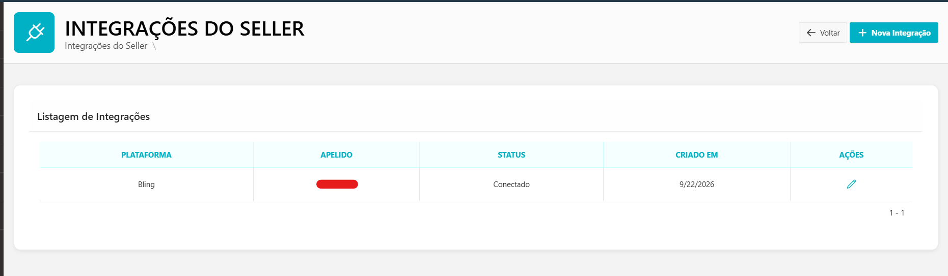 Tela Integrações do Seller, com os botões Voltar e Nova Integração e as colunas Plataforma, Apelido, Status, Criado em e Ações