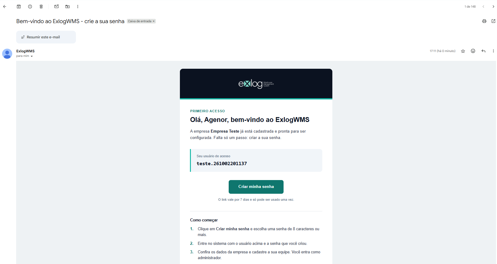 E-mail Bem-vindo ao ExlogWMS com o nome da empresa, o usuário de acesso em destaque e o botão Criar minha senha