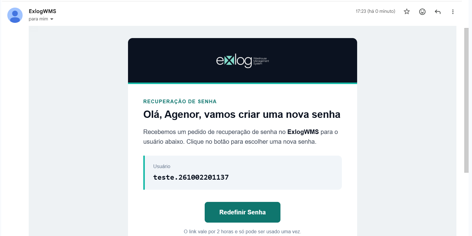 E-mail de recuperação de senha do ExlogWMS com o usuário em destaque e o botão Redefinir Senha