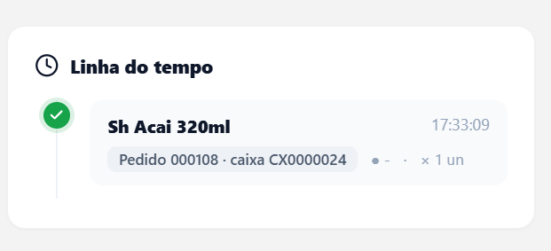 Linha do tempo mostrando Sh Acai 320ml às 17:33:09 com Pedido 000108, caixa CX0000024 e quantidade 1 un