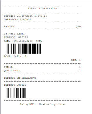 Lista de separação térmica com um produto (Sh Acai 320ml, pedido 000123, EAN e código de barras, loja e quantidade 1), os totais Itens 1 e Qtd total 1 e, no fim, o bloco Pedidos em separação com o Pedido 000123 e o código de barras do número