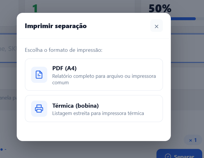 Modal Imprimir separação com as opções PDF (A4) — relatório completo para arquivo ou impressora comum — e Térmica (bobina) — listagem estreita para impressora térmica
