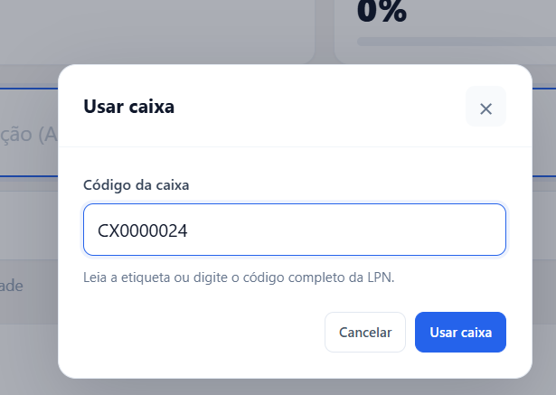 Modal Usar caixa com o código CX0000024 digitado no campo Código da caixa