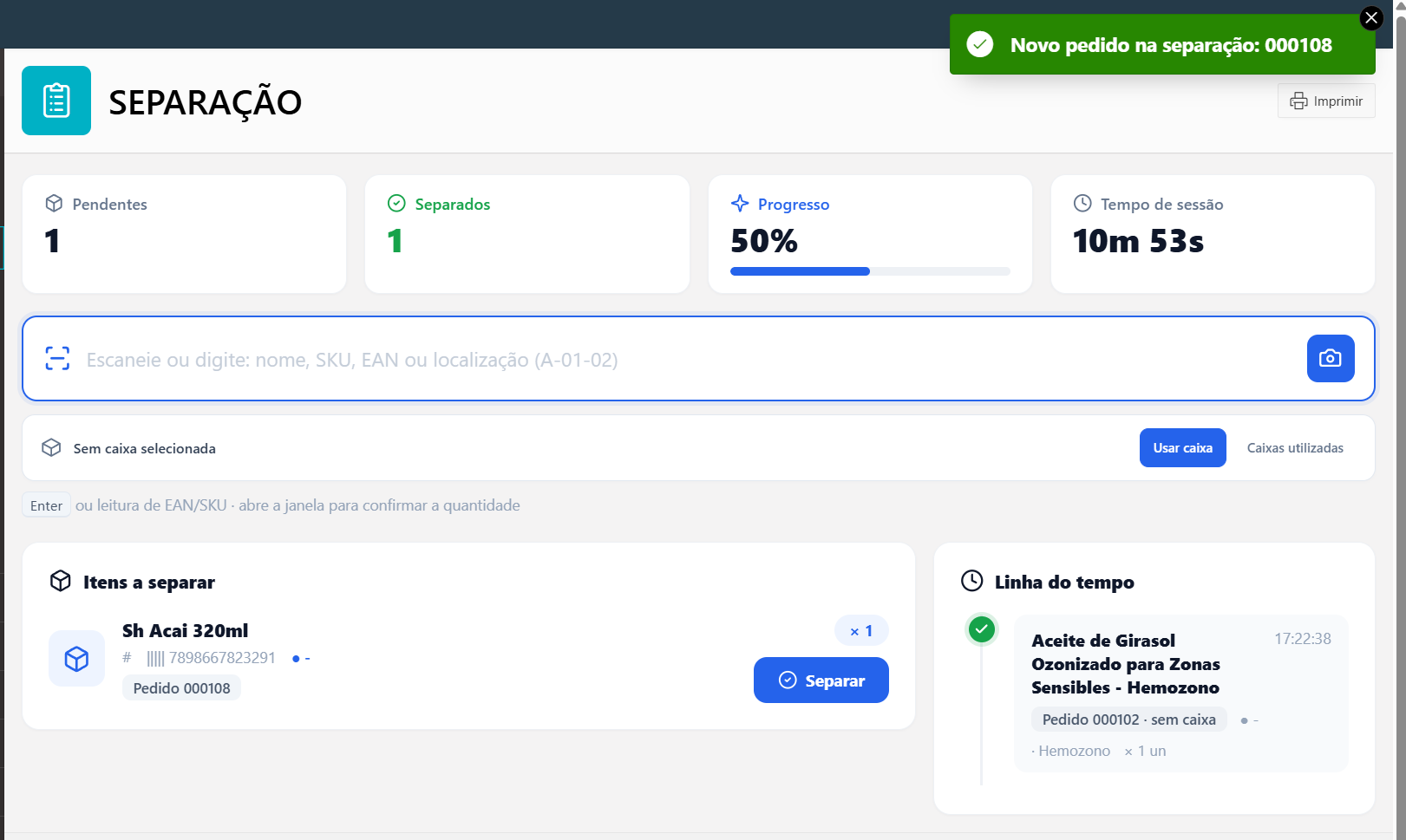 Tela de Separação com Pendentes 1, Separados 1, Progresso 50%, Tempo 10m 53s, novo pedido na separação 000108 e a Linha do tempo com o primeiro item confirmado