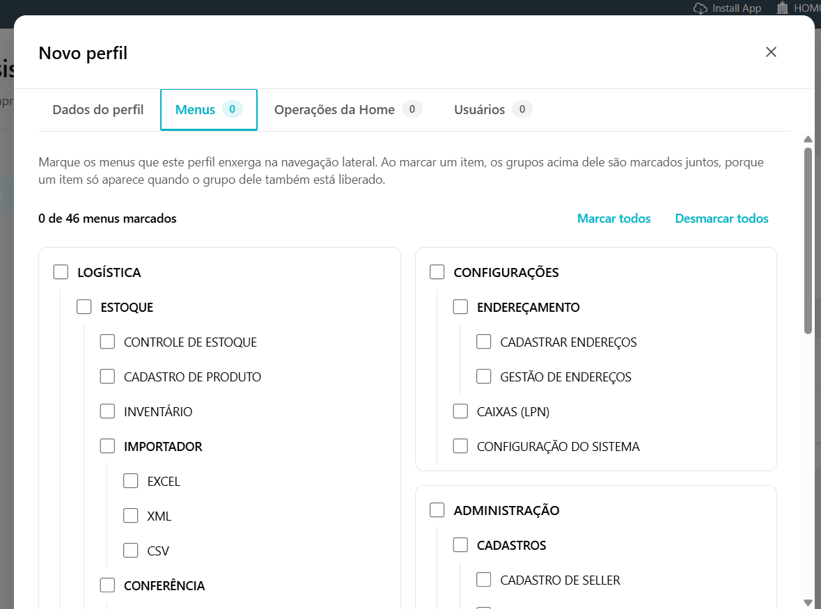 Janela do perfil na aba Menus com a árvore de menus com caixas de seleção, o contador de menus marcados e os links Marcar todos e Desmarcar todos