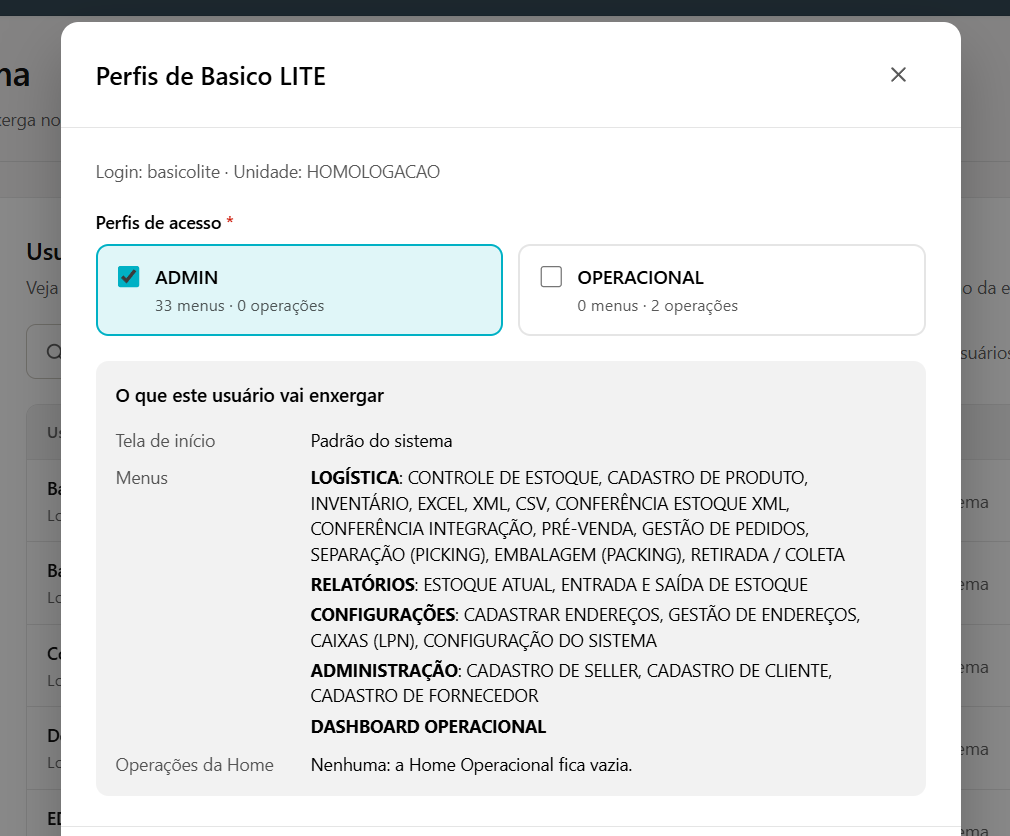 Janela Perfis do usuário com os perfis disponíveis em cartões com caixa de seleção e o quadro O que este usuário vai enxergar, com tela de início, menus e operações da Home